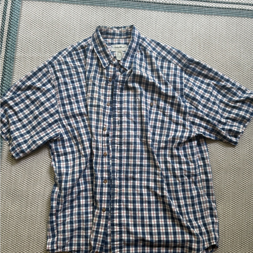 Eddie Bauer Men's Navy and White Plaid Shirt